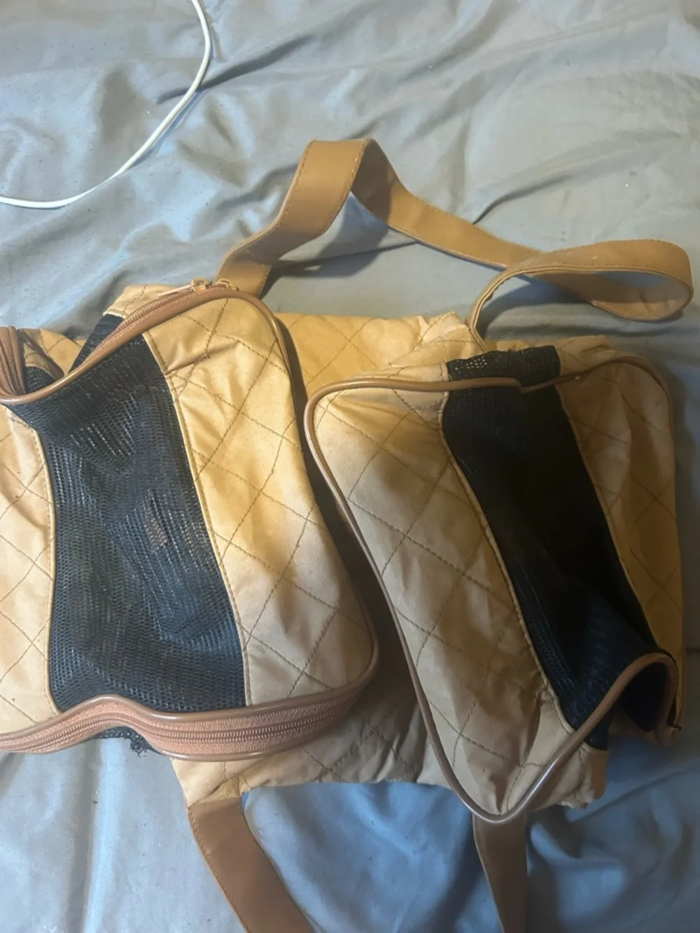 Quilted Beige and Black Dual Pocket Crossbody Bag